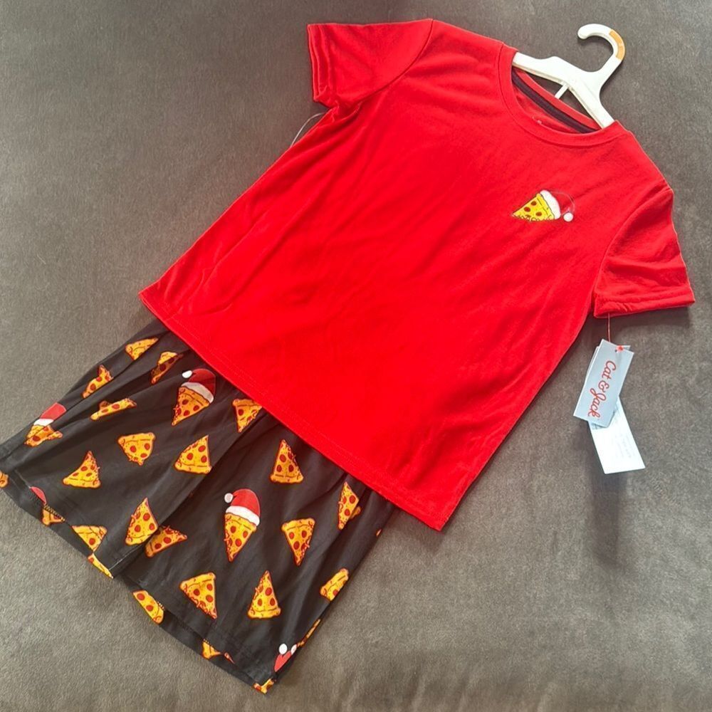 Kids Cat & Jack Red Pizza Print Pajamas Top & Shorts Size Small 6/7 NWT
